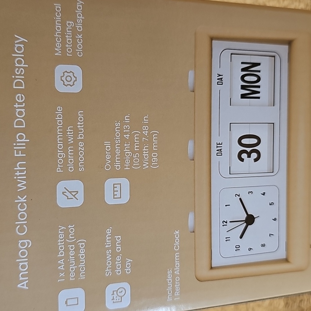 New Retro Alarm Clock With Flip Date Display Calendar In Tan Color - Picture 7 of 7